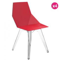Set of 4 Red Vondom Faz Chairs with Transparent Legs and Armrests