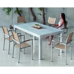 Set mesa de comedor y 6 sillones Camelia de aluminio natural con tejidos textiles de paja
